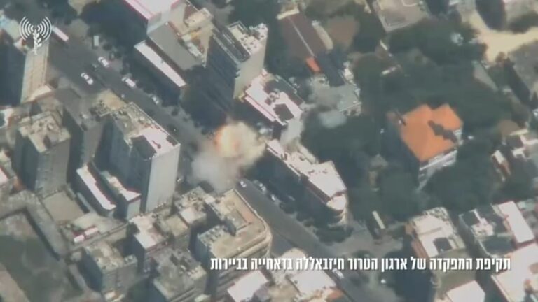 תקיפה בדאחייה ביום ראשון. שיגור טילים מאיראן בתגובה צריך להיענות בהכרזת מלחמה. צילום דובר צה"ל